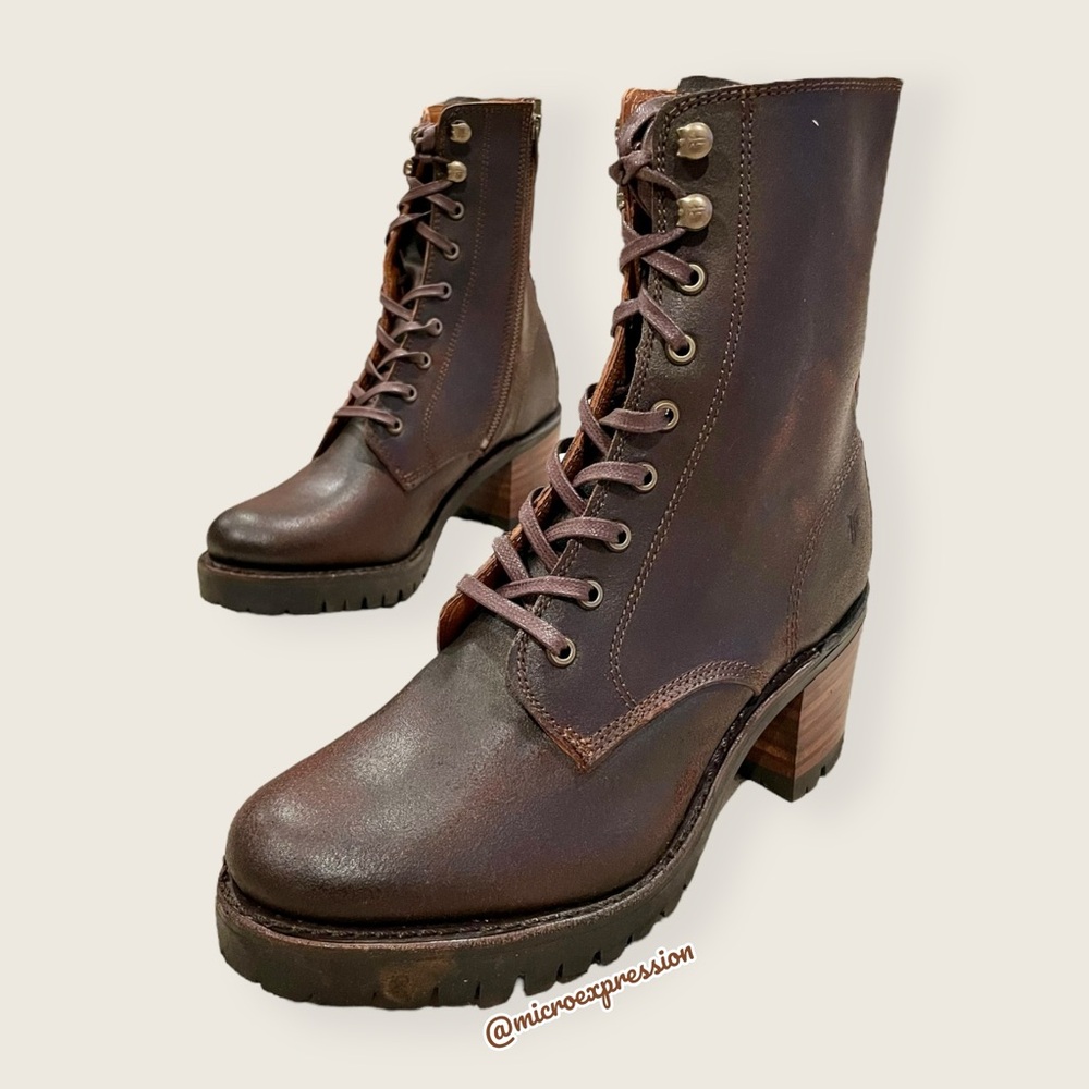 $528 Frye Sabrina Moto Brown Lace Up Leather Chunky Lug Heel Combat Ankle Bootie - Picture 9 of 16